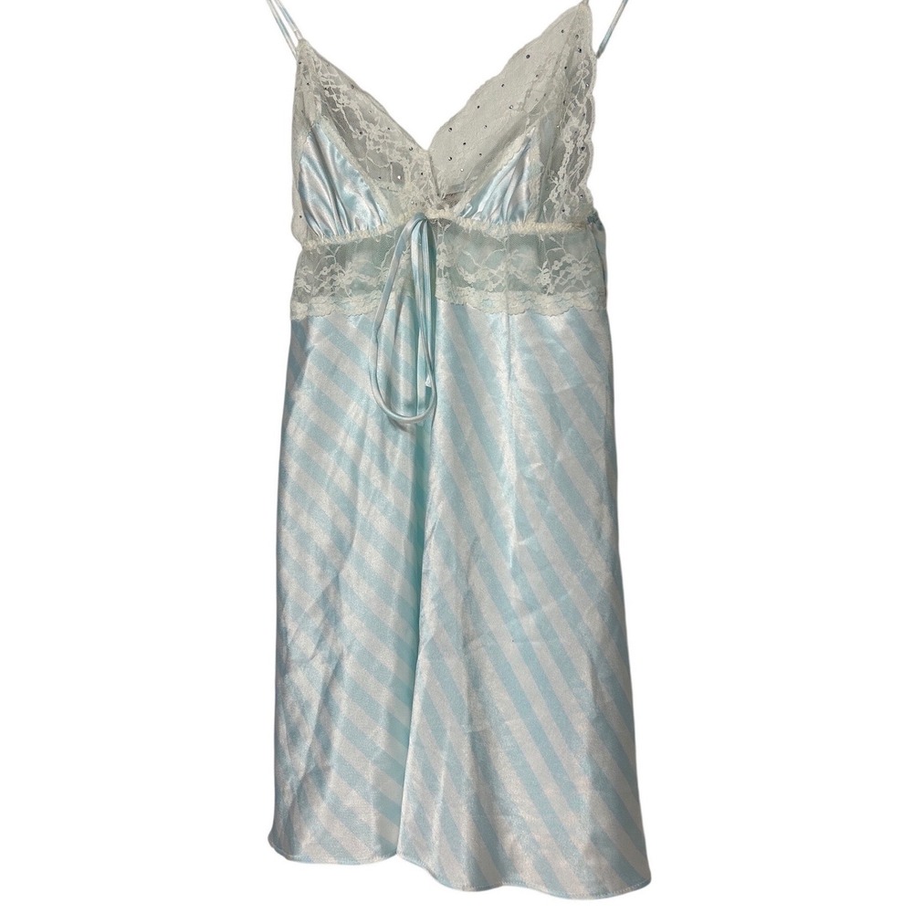 VTG Victoria's Secret Blue Striped Satin Lace Rhinestone Chemise Nightgown‎ Sz S